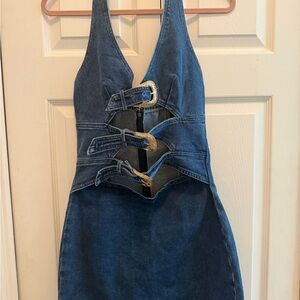 Commense Dark Denim Mini Dress with Buckle Cutouts